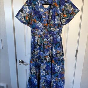 Anthropologie Blue and Orange Floral Midi Dress